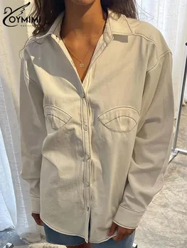 Модерна бяла дамска риза в стил мозайка Oymimi, Елегантни Нови блузи с дълги ръкави и джобове, ежедневни однобортная блуза с ревери, дамски блуза