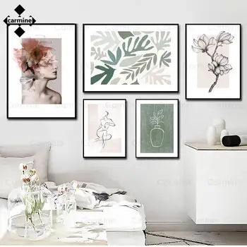 Модерна женствена картина върху платно, Цветя Плакат с листа от магнолия и принт Модерна живопис със зелена ваза за домашно скандинавски декор