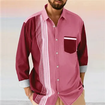 Модерна мъжка риза в райе, с променящ се цвят, джоб на ревера, дълъг ръкав, копчета, външни ежедневни мъжки блузи, новост, голям размер