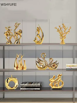 Модерни керамични Златни и сребърни фигурки Лебед и Елен, Украса за дома, всекидневна, маса, занаяти, накити за офис.