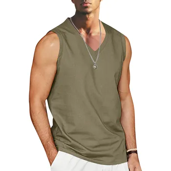 Модерни мъжки блузи Summe, памучни спално бельо, ежедневни ризи, Свободни блузи, мъжки блузи с V-образно деколте и джобове, тениски без ръкави, Градинска облекло