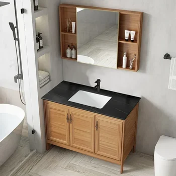Модерните подови шкафове за баня Огледален камък Керамична Мивка Алуминиев шкаф за баня, Тоалетна маса с мивка Мебели за баня