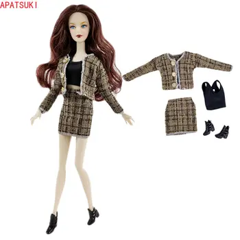 Модни дрехи в кафява клетка за кукла Барби, малко Ароматен комплект в стил 1/6 Кукли, аксесоари за лейди Барби, палта, поли, Обувки