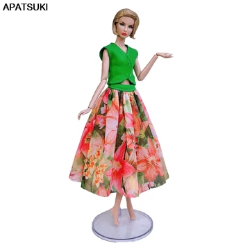 Модни стоп-моушън облекло за кукли Барби Костюми Вечерна рокля Зелено Отгоре и цветна пола Миди с цветен модел 1/6 Аксесоари за кукли, Детски играчки