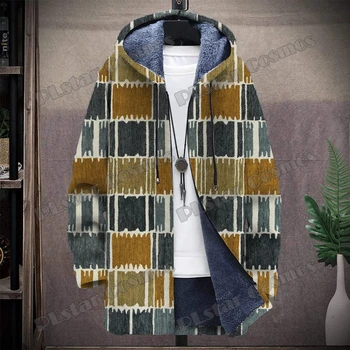 Модно мъжко дълго палто с качулка PLstar Cosmos с 3D модел, зимни ежедневни дебела топло яке върху руното подплата с качулка и цип DY12
