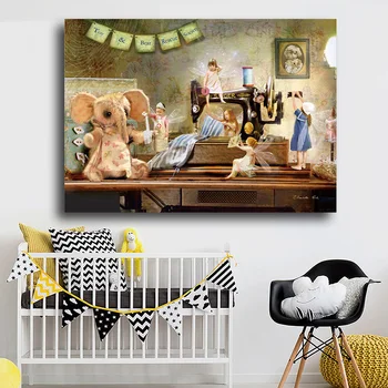 Мультяшная Цвете фея, слон, Скандинавските плакати и щампи, платно, стенно изкуство в скандинавски стил, картина за детска стая, обзавеждане за детска стая