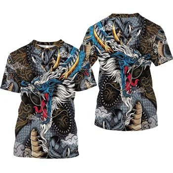 Мъжка тениска с 3D-принтом дракон с шарките на благоприятни облаци, летни модни тениски с къс ръкав, през цялата силует, коледна облекло