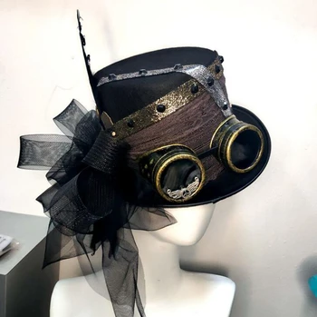 Мъжка шапка в стил Пънк-парни машини, Реколта готически очила, вечерни, Черен цилиндър, Черен