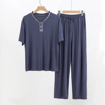Мъжки дрехи за почивка, комплект от две части за копчета топ с къс ръкав и дълги панталони, обикновен комплект