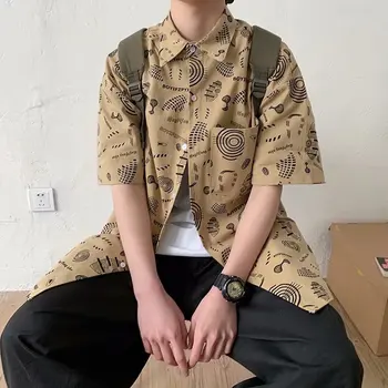 Мъжки ежедневни риза в японски стил в стил ретро, младежки тенденция, Върхове с принтом харадзюку, отложной къс ръкав, Новост 2023 г., мъжки дрехи