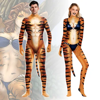 Мъжки женски костюм с изображение на тигър, костюм за cosplay животни, костюм Zentai на Хелоуин, боди за парти, с костюм за изяви, дамски гащеризон
