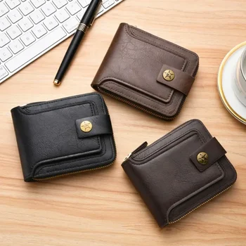 Мъжки кратък портфейл, модерен, многофункционален Ретро-хоризонтален портфейл с цип джоб с катарама, практически чанта за карти