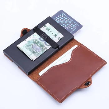 Мъжки портфейл от естествена кожа, тънък алуминиев държач за кредитни карти, женски смарт поп чантата си, имат чанта