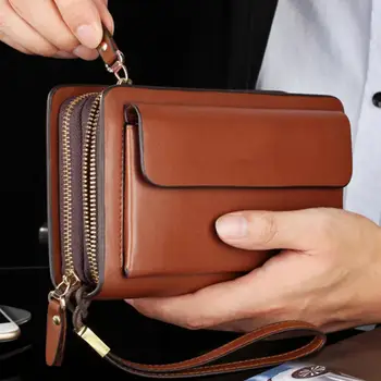 Мъжки портфейл-чанта от изкуствена кожа с двоен цип, скоба за пари, клатч-чанта
