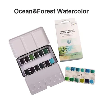 Набор от Акварельных Бои Aquarelle от 12 Саксии с Различни Цветове на Океана и Гори в Преносим Твърд Кутия за Художествена Акварельной Живопис