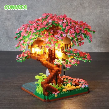 Набор от градивни блокове Mini Sakura Tree Направи си сам, Череша тухли с леки орнаменти модел на Къщата на дървото, Романтичен подарък за приятелка