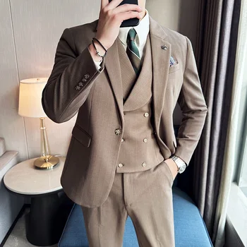 Нов мъжки костюм 2023 г. (костюм + жилетка + панталони) Сватбен костюм S-5XL в Корея тънка ивица Blaze3 / комплект от 2 теми Smart Casual от полиестер