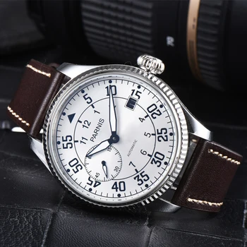 Нов прием на Parnis 45 мм Бял циферблат Автоматичен Механичен Мъжки часовник Календар Кафява Кожена каишка Мъжки часовник С подарък скоростна 2023