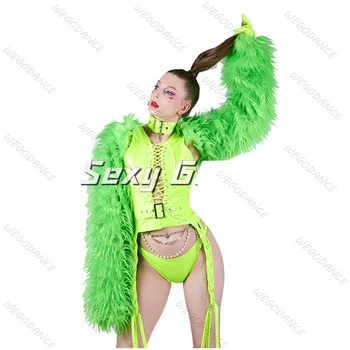 Нов секси костюм на танцьорка в нощен клуб Гого Singer със зелено перо