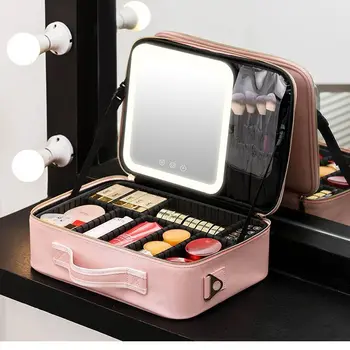 Нова косметичка с осветление и огледало, преносима косметичка с led подсветка, кутия за съхранение на козметика с голям капацитет, козметични чанти за жени Q44