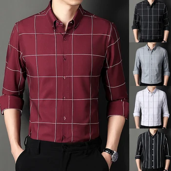 Нова мода корея клетчатая риза, мъжки ежедневни младежки бизнес риза в клетка с дълги ръкави, приталенная, универсална мъжка риза