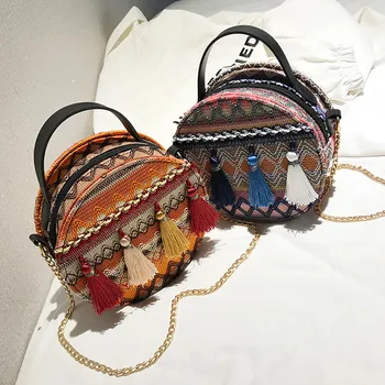 Нови дамски сламени чанти, Плетени от ратан плажни чанти през рамо Дамски чанта през рамо Дамски Бохемската кръгла чанта ръчна изработка