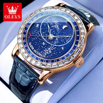 Нови мъжки автоматично механични часовници OLEVS Luxury Diamond, въртящи се под-ръчни часовници, светещи часовници със звездното небе и фазата на Луната.