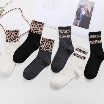 Нови популярни дамски чорапи с леопардовым модел Есен-Зима, дамски чорапи със средна ръкав с леопардовым модел в две ребра, памук