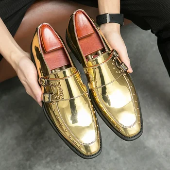 Новите златни мъжки модел обувки, лоферы с квадратни пръсти и каишка с катарама, Пролетно-есенни обувки за сватба, ръчно изработени, размер 38-46