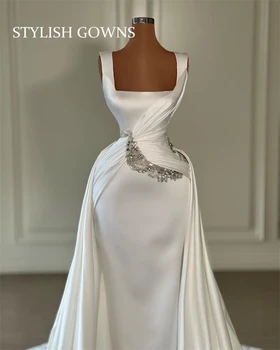 Ново Класическа сватбена рокля с квадратни деколтета 2023 Прекрасна Вечерна рокля от мъниста с гънки Princssss Сватбена рокля Robe De Bal