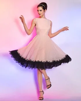 Ново сладко Розово Кратко коктейл рокля за парти 2024 с деколте лодка, Дантелено шифоновое рокля за бала, халат De Soirée