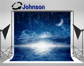 Нощното небе Мирен син полумесец Звезда Облак на Хоризонта фон Компютърни печат сватбен фон