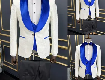 Обичай модерен сватбен костюм мъжки официални бял жаккардовый със сини луксозен пиджаком за бала на младоженеца, мъжки мъжки костюм 턱시도