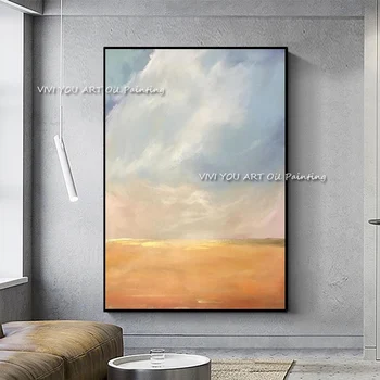 Облачное слънцето маслени Картини и ръчно изработени върху платно Абстрактна живопис Оранжево небето Стенни картина за хола Домашен интериор на хотела