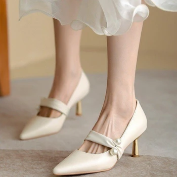 обувки женски Френски Обувки на висок Ток С Остър пръсти 2023, Перлени Обувки с Деколте с Фин, Есенен Дамски Обувки, Модни Дамски Обувки обувки