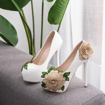 Обувки-лодка на платформата Crystal Queen, сватбени обувки, марка дизайнерски обувки, пикантен дамски обувки на висок ток с кръгло бомбе, дантелени цветя