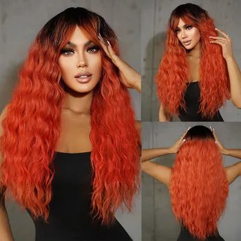 Оранжево, червено-кафяви синтетични перуки с дълга и къдрава вълни, перуки, направени от коса, Яки с бретон за черна афро жени, cosplay на Хелоуин, Топлоустойчиви