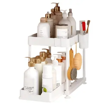 Организаторите и съхранение под мивката Двупластова поставка за съхранение на козметика под мивката, Елегантен дизайн, лесно се разтяга