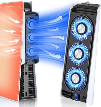 Охлаждащ Вентилатор за PS5 Безшумен Вентилатор-Охладител с Led Подсветка USB3.0 Хъбове за Sony PlayStation 5 Digital & Discs Edition Игрови Аксесоари