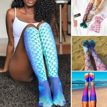 Памучни чорапогащи, Летни модни чорапи-русалки, Чорапи с риба опашка, Чорапи с риба везни с 3D-принтом