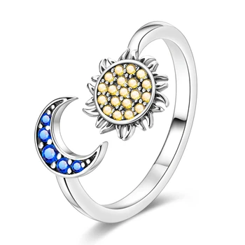 Пенливи отворен пръстен от сребро 925 проба, с жълто слънце и синята Луна безразмерного размер за женските енергични бижута и аксесоари