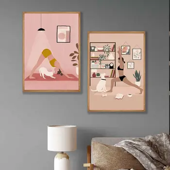 Плакат на йога с котка в стил бохо, момиче, баланс на здравеопазването, монтиране на изкуството, платно, очаквания СРЕЩУ реалност, щампи, скандинавски модел, Интериор на хол