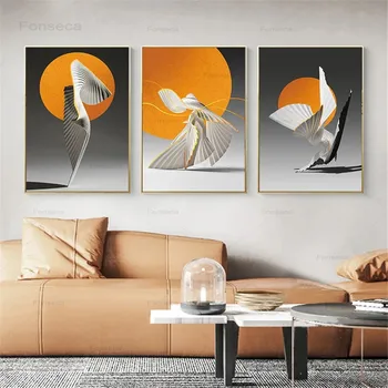 Плакат на платно с оранжево слънце Креативна абстрактна стенни художествена живопис Скандинавските плакати и щампи Стенни картини за домашен интериор дневна