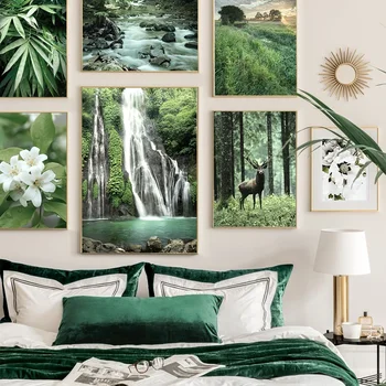 Плакат на платно със зелени гори, диви елени, водопад, цветен лист, пролетта принтом за спални, боядисване с природен пейзаж