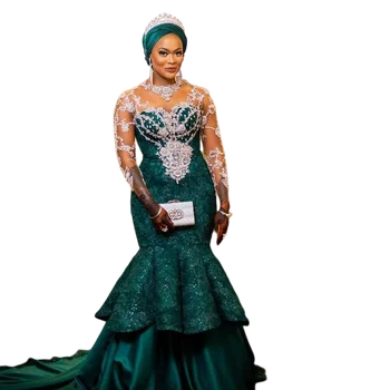Плюс Размер Тъмно Зелено Сватбена рокля на Африканската Русалка С Кружевными апликации И Пластове Волани Robe De Mariee Сватбени рокли с дълъг ръкав