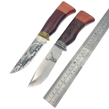 Походный нож с фиксирано острие от неръждаема стомана Dropship 440C, Цвят дръжки венге, ловен нож за оцеляване в нейлоновом джоба, открит