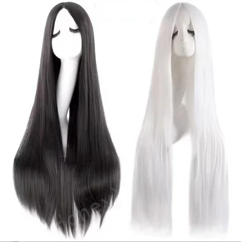 Права перука с дължина 100 см, Бели, черни коса за cosplay, аниме, в средната част на