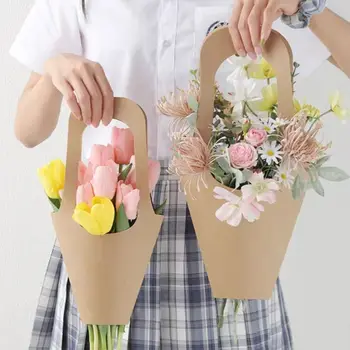 Преносим чанта за букета цветя от крафт-хартия, Подарък чанта за цветя, Кошница за цветя, Украса за сватбени партита в 