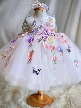 Принцеса рокля за момичета без ръкави за елегантна парти, детско сватбена вечерна дълга рокля, бебешко облекло с цветя и пеперуди, от 1 до 12 години