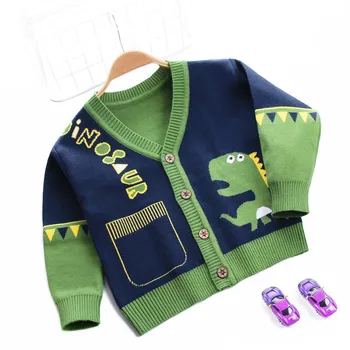 Пролетно-есенен вязаный пуловер за момчета, жилетка с модел на динозавър, дълъг ръкав, V-образна яка, детски зимни дебели блузи за момичета от 2 до 8 години, новост